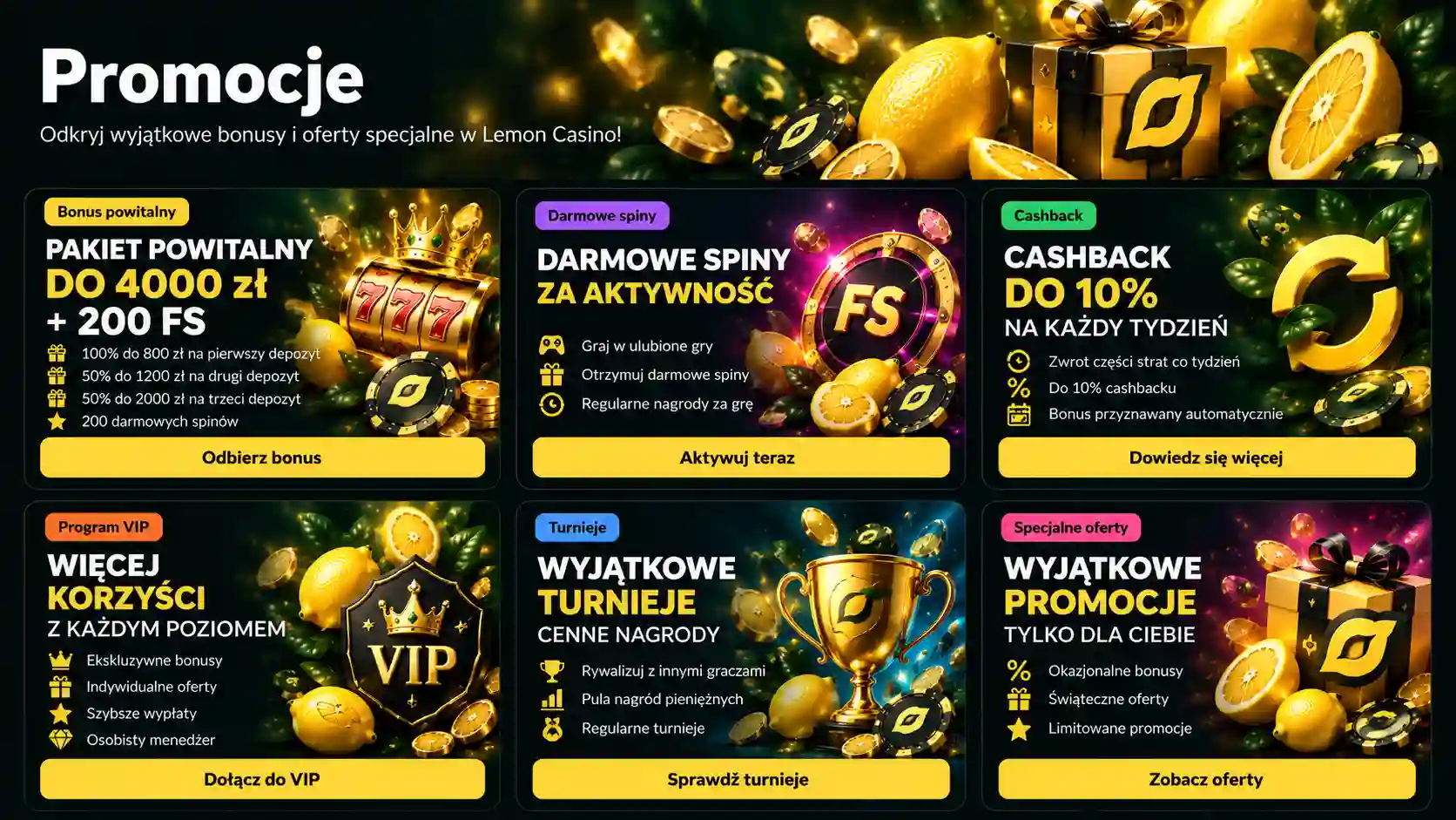 Sekcja Promocje Lemon Casino – bonus powitalny do 4000 zł, darmowe spiny, cashback i program VIP