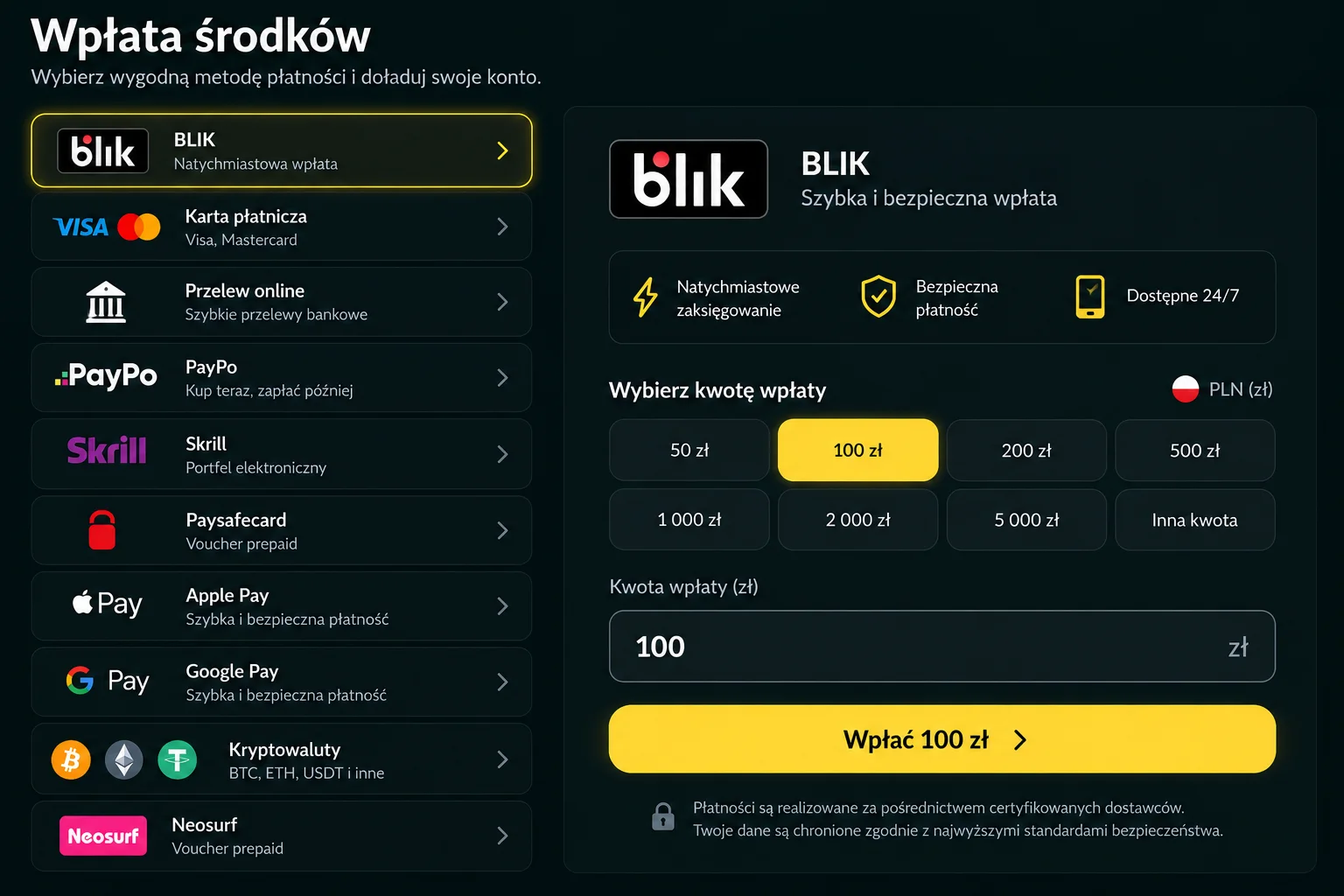 Okno wpłaty środków w Lemon Casino – BLIK wybrany jako metoda, kwota 100 zł, przyciski szybkiego wyboru