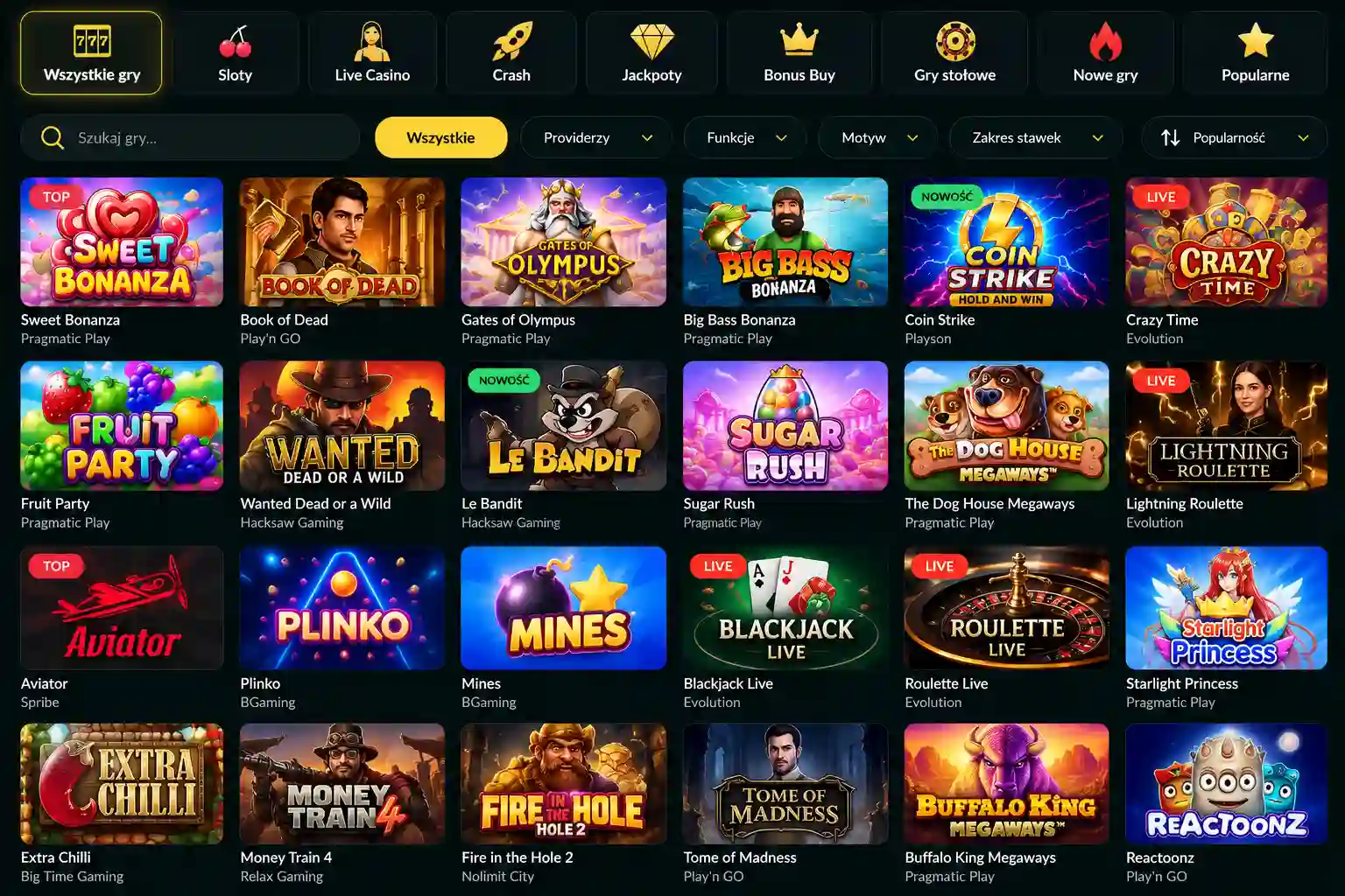 Biblioteka gier Lemon Casino – kafelki z filtrami: Sloty, Live Casino, Crash, Jackpoty, Bonus Buy