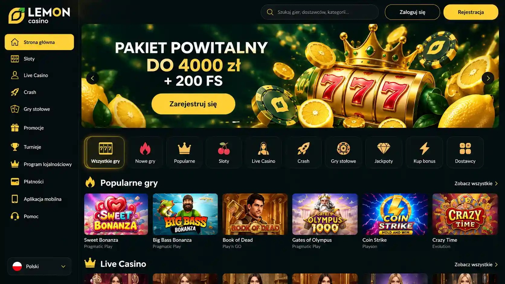 Strona główna Lemon Casino PL – menu boczne z kategoriami gier i baner powitalny