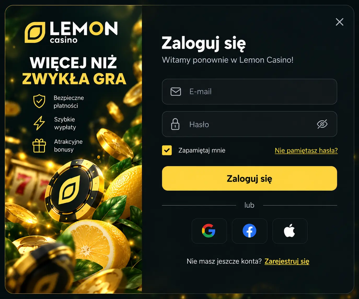 Formularz logowania Lemon Casino – pola e-mail i hasło oraz opcje logowania przez Google, Facebook i Apple
