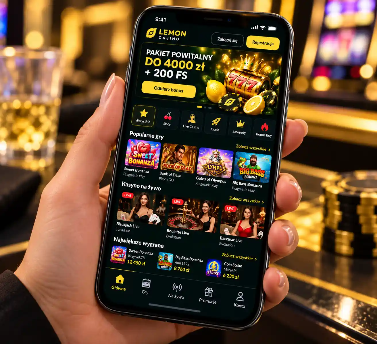 Strona główna Lemon Casino na ekranie smartfona – dolne menu nawigacyjne z grami, live, promocjami i kontem