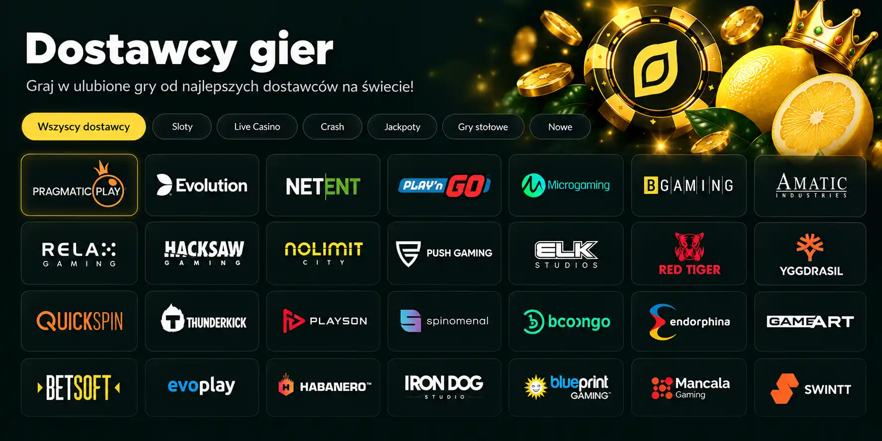 Sekcja dostawców gier Lemon Casino – logotypy: Pragmatic Play, Evolution, NetEnt, Play'n GO i inne