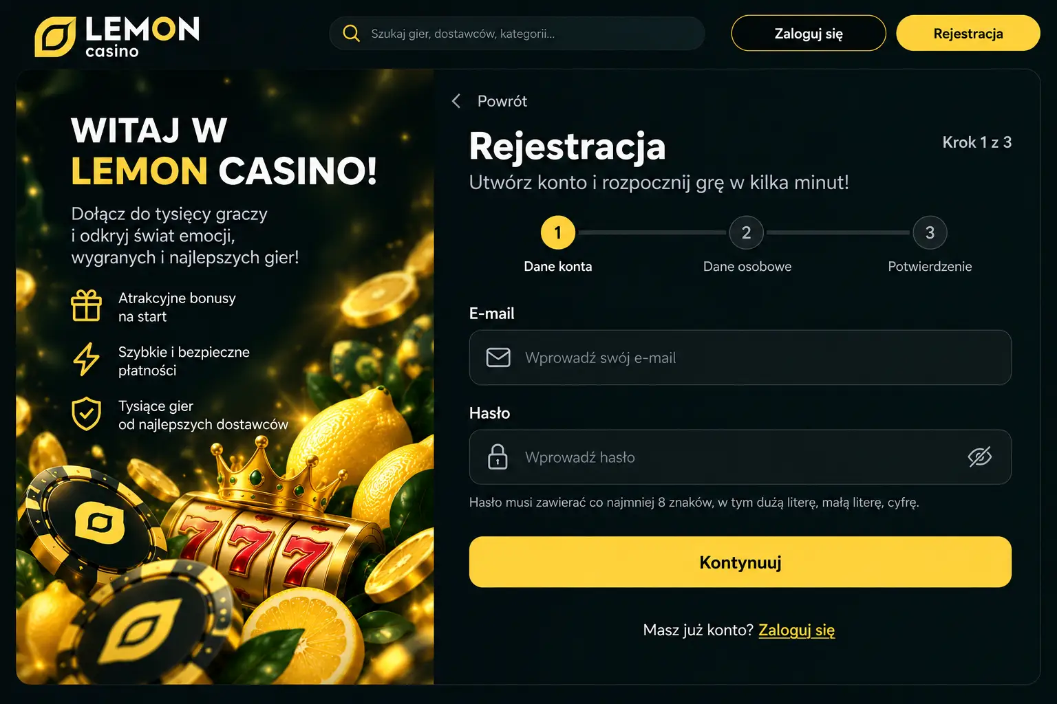Formularz rejestracji Lemon Casino – krok 1 z 3, pole e-mail i hasło
