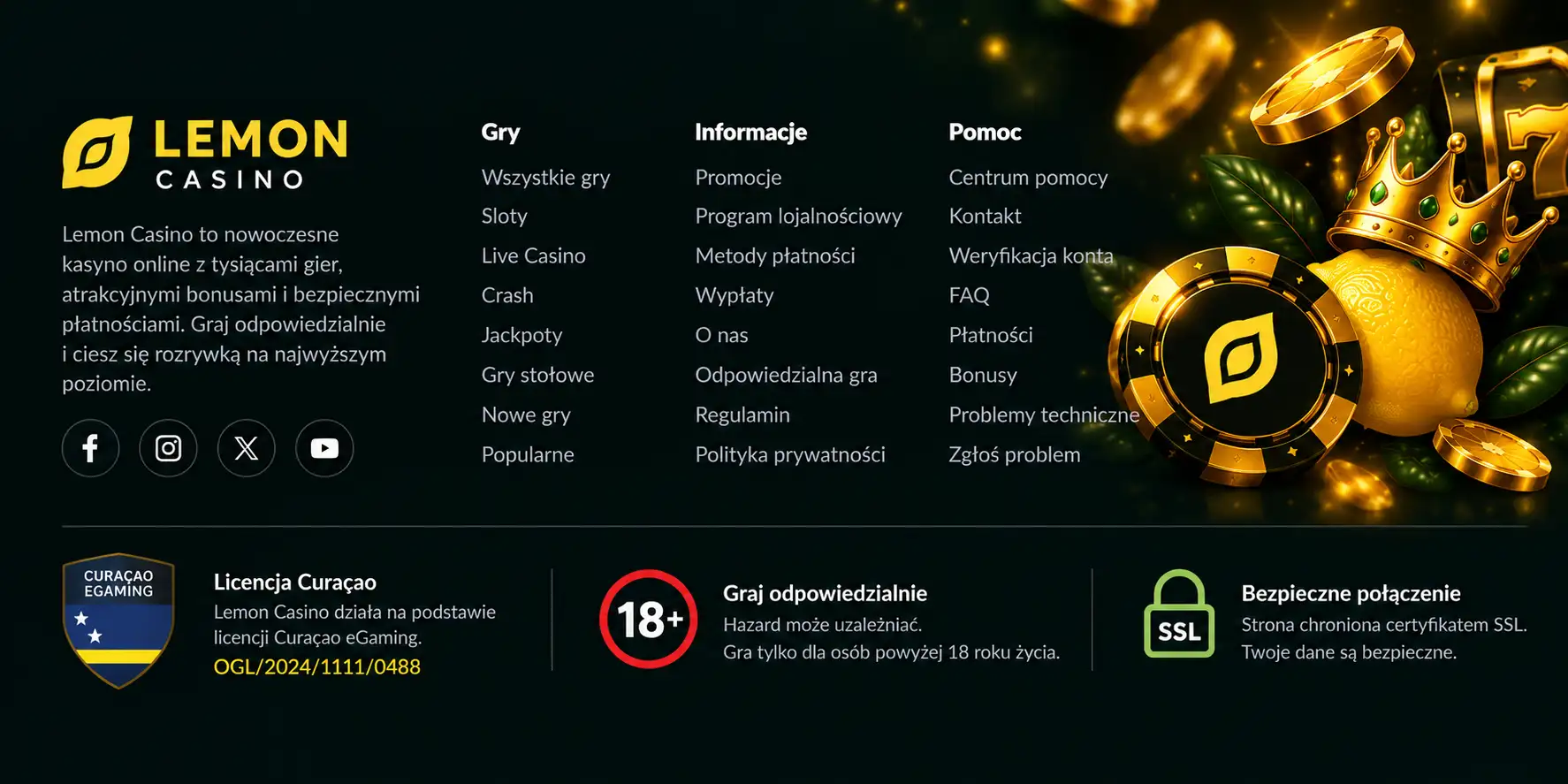 Stopka strony Lemon Casino – logo licencji Curacao eGaming z numerem OGL/2024/1111/0488, oznaczenie 18+ i certyfikat SSL