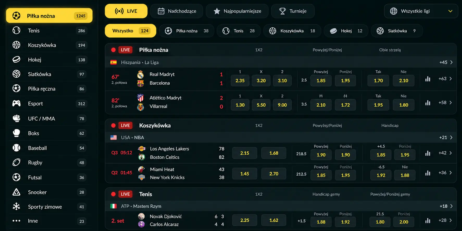 Sekcja zakładów sportowych Lemon Casino – lista dyscyplin z kursami live na piłkę nożną, koszykówkę i tenis