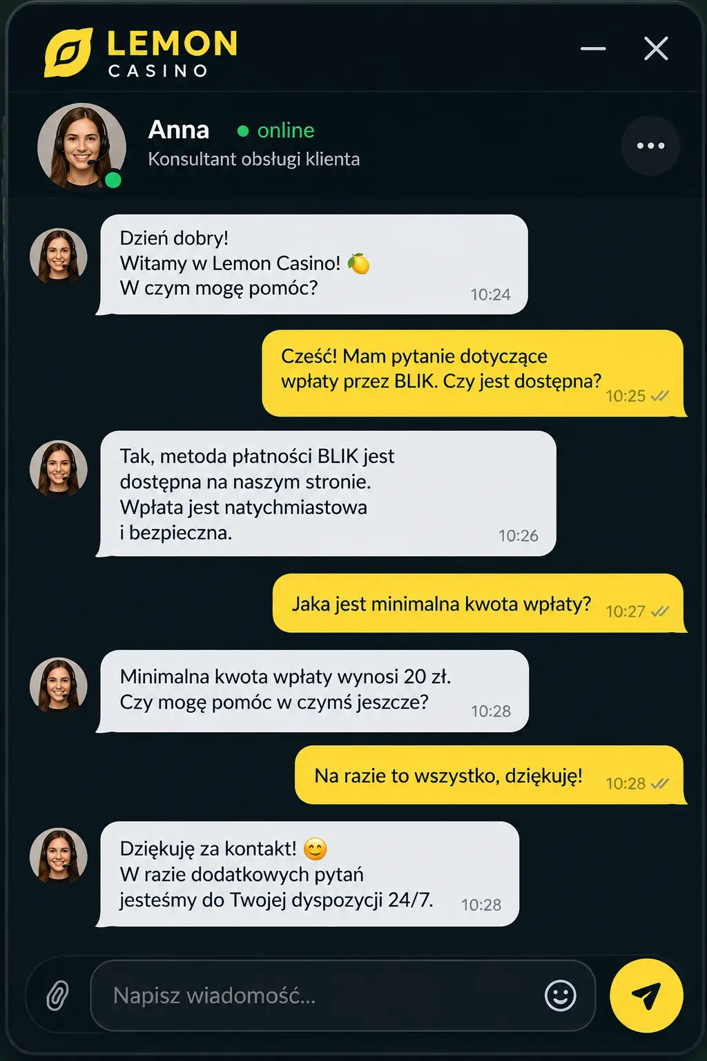 Okno czatu na żywo Lemon Casino – rozmowa z konsultantką Anną, pytanie o BLIK i minimalną kwotę wpłaty